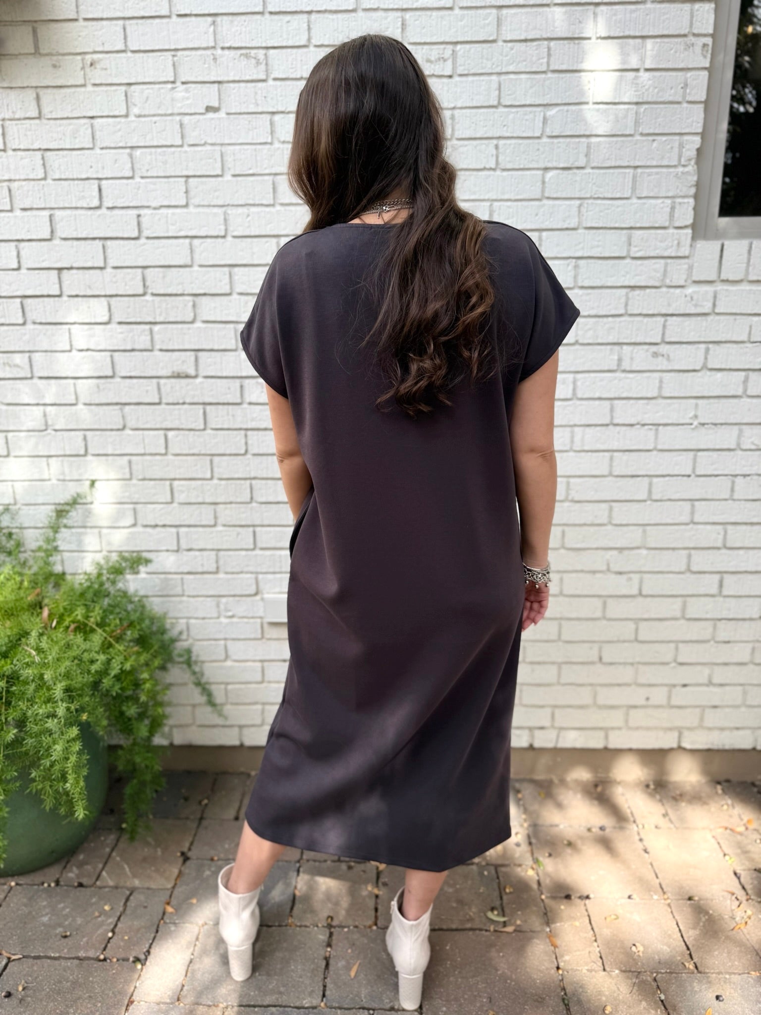 Draped V Neck Midi Dress