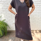 Draped V Neck Midi Dress