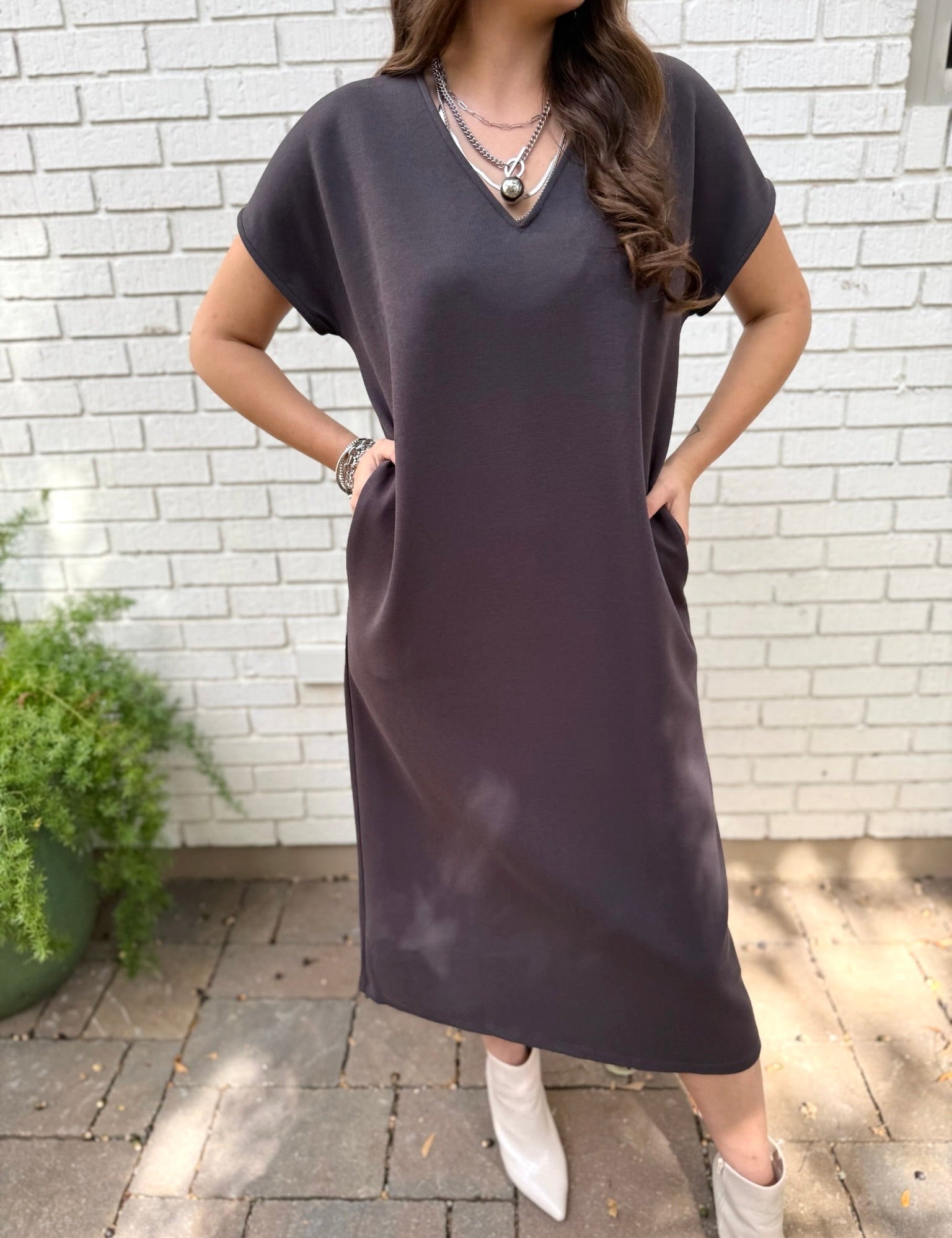 Draped V Neck Midi Dress