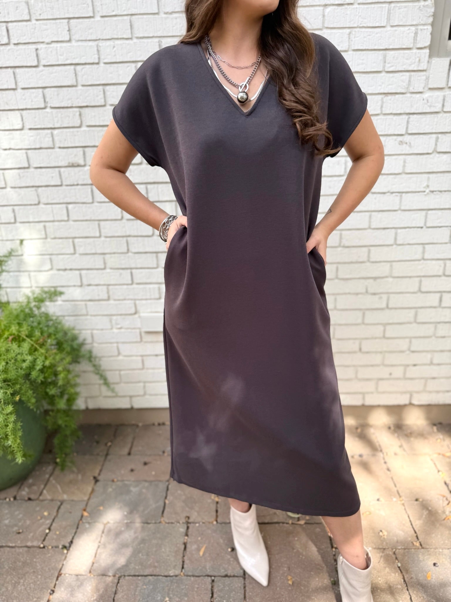 Draped V Neck Midi Dress
