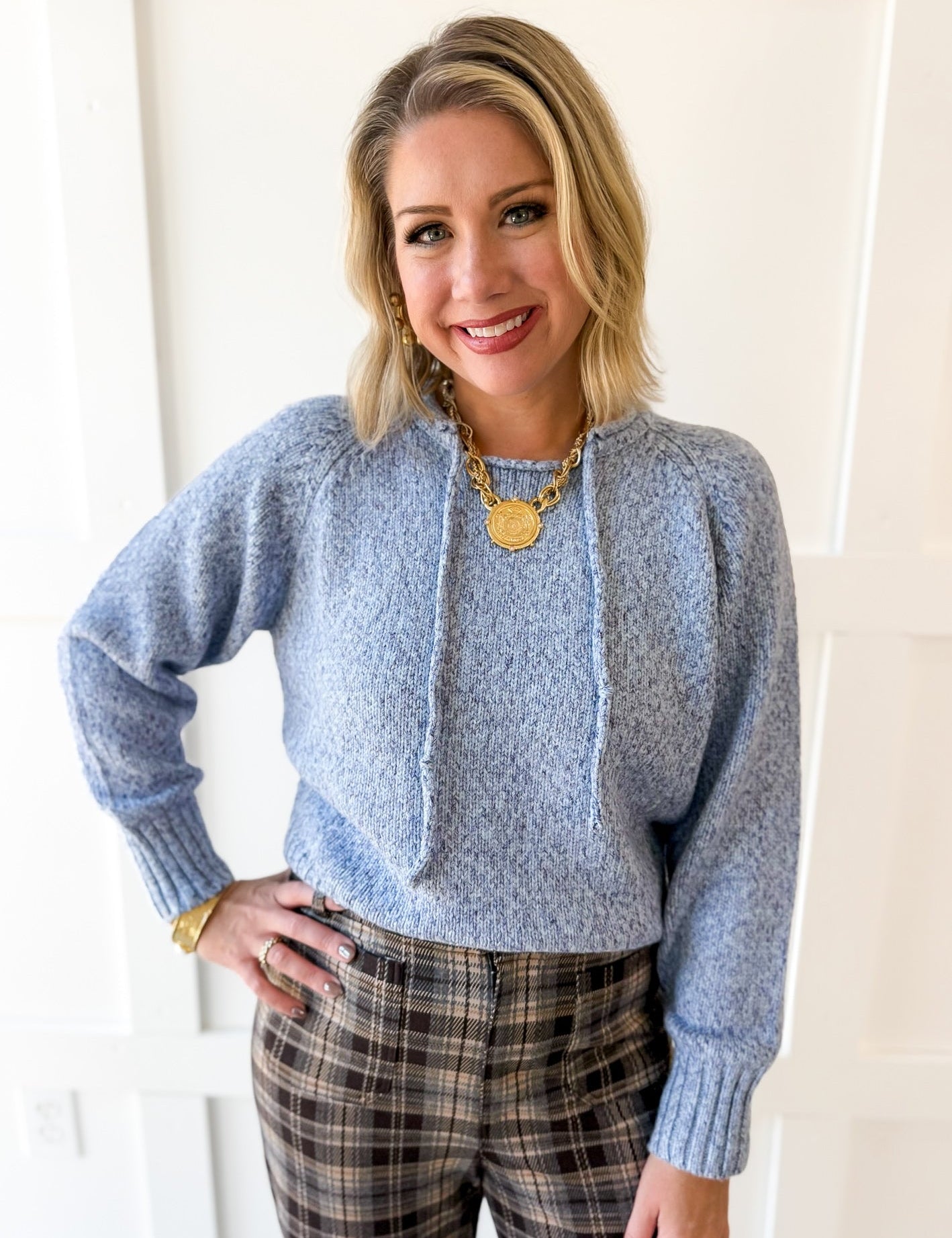 Drawstring Crew Sweater - Blue