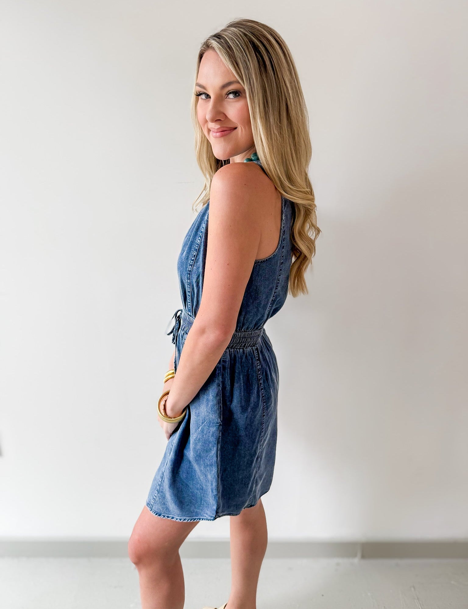 Drawstring Waist Denim Dress