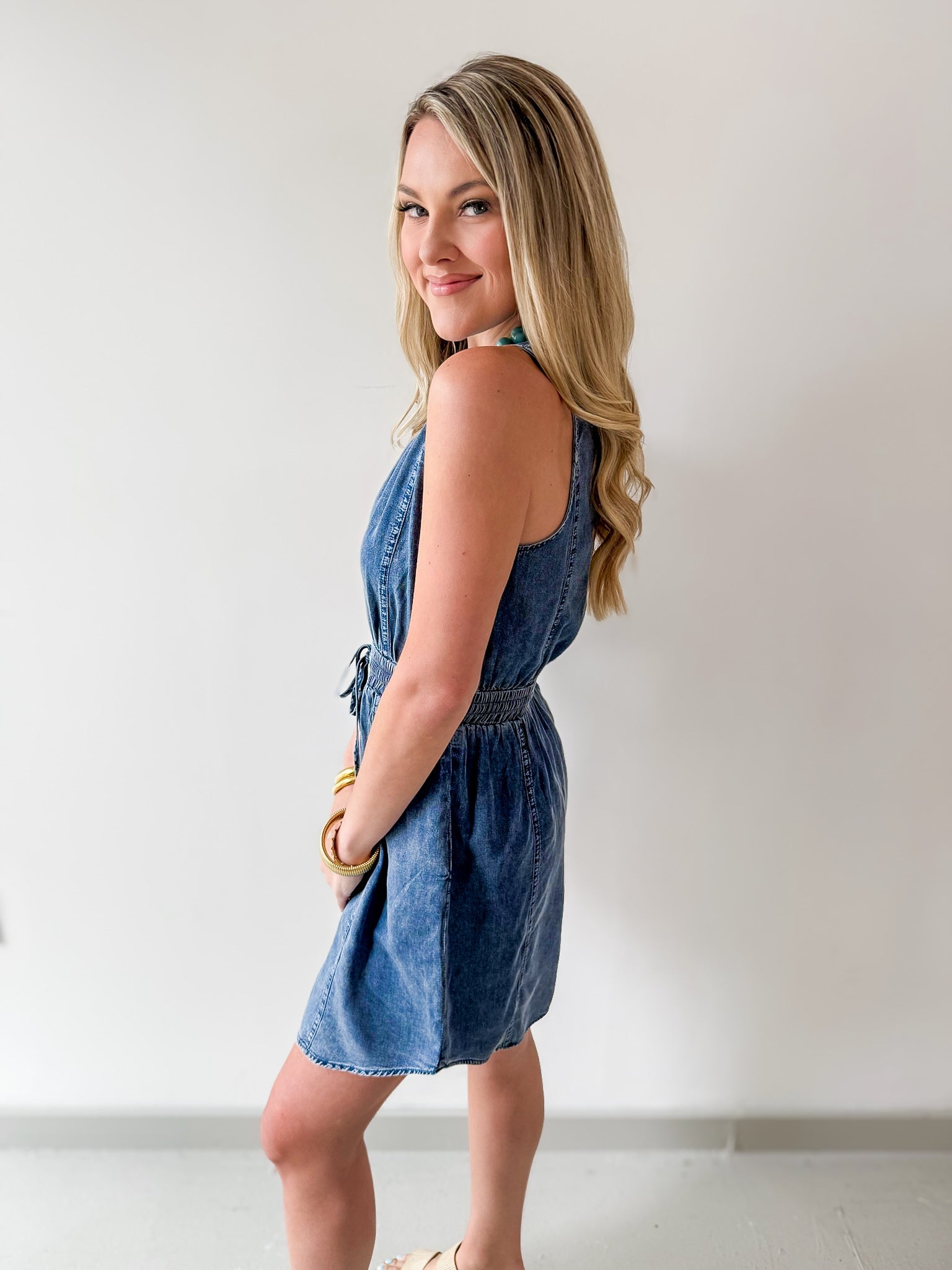 Drawstring Waist Denim Dress