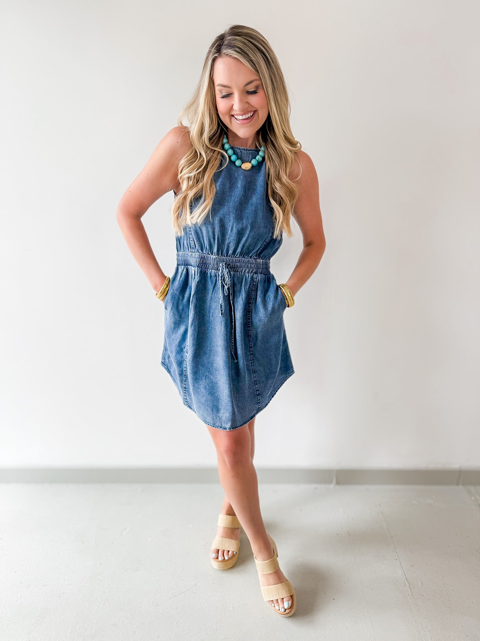 Drawstring Waist Denim Dress