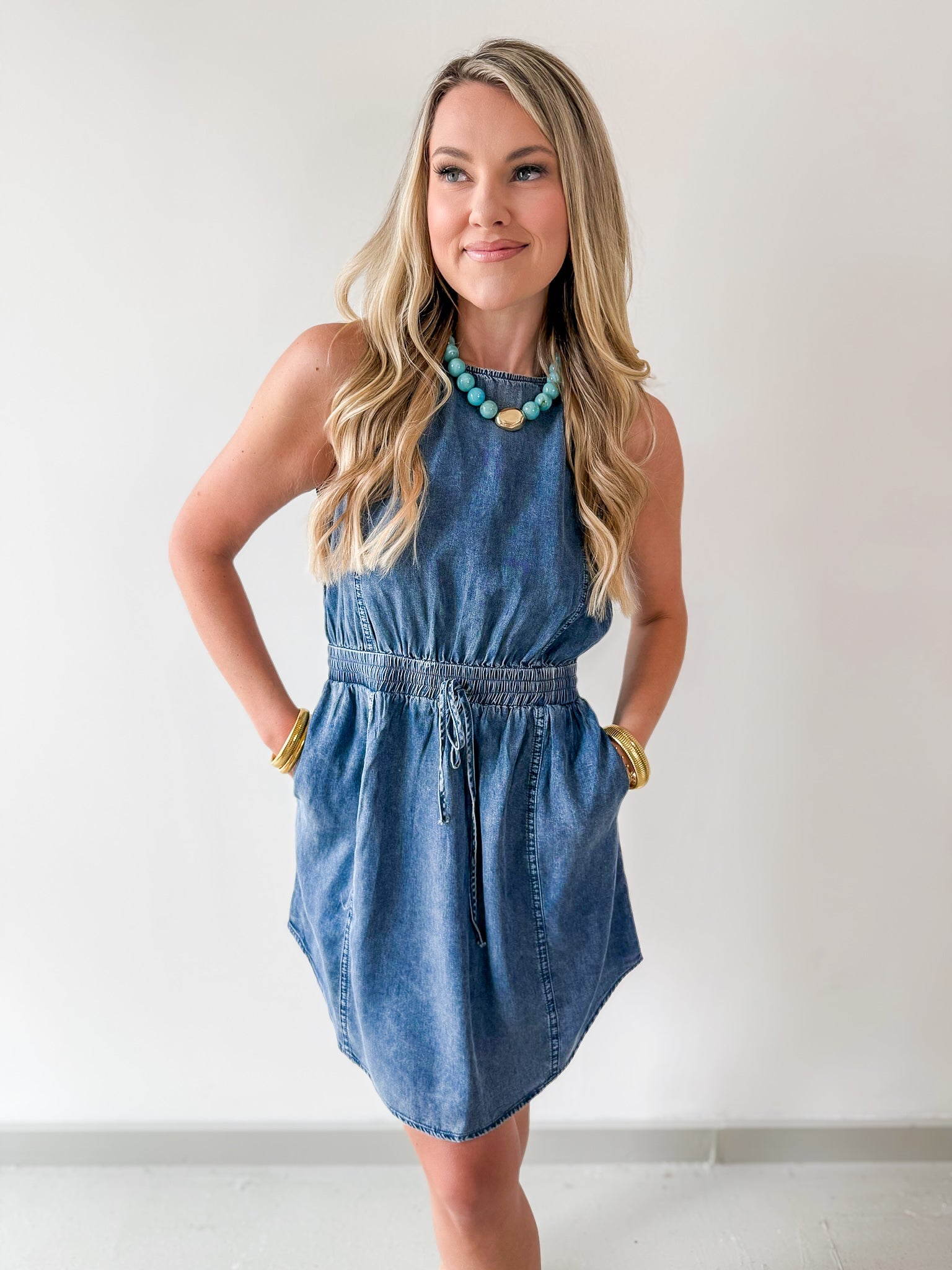 Drawstring Waist Denim Dress