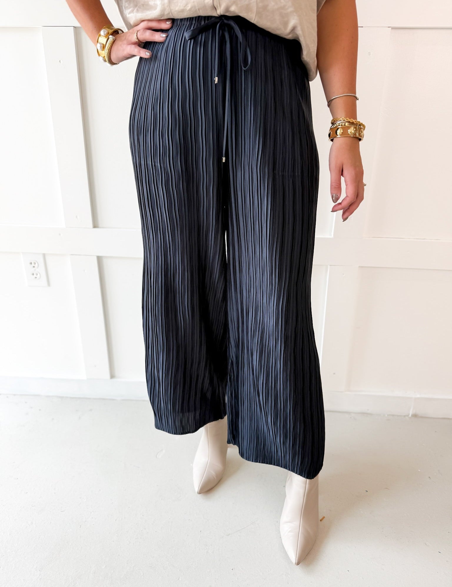Drawstring Waist Pants - Navy