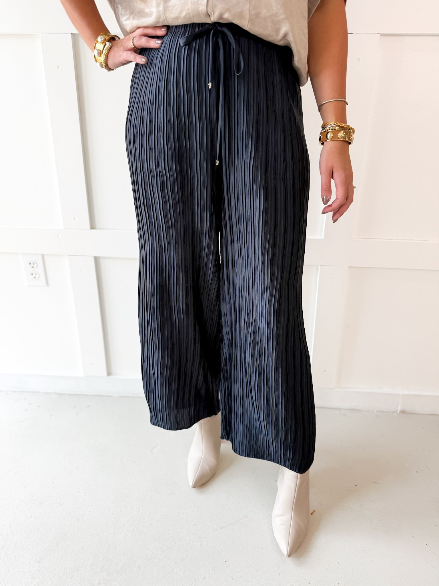 Drawstring Waist Pants - Navy