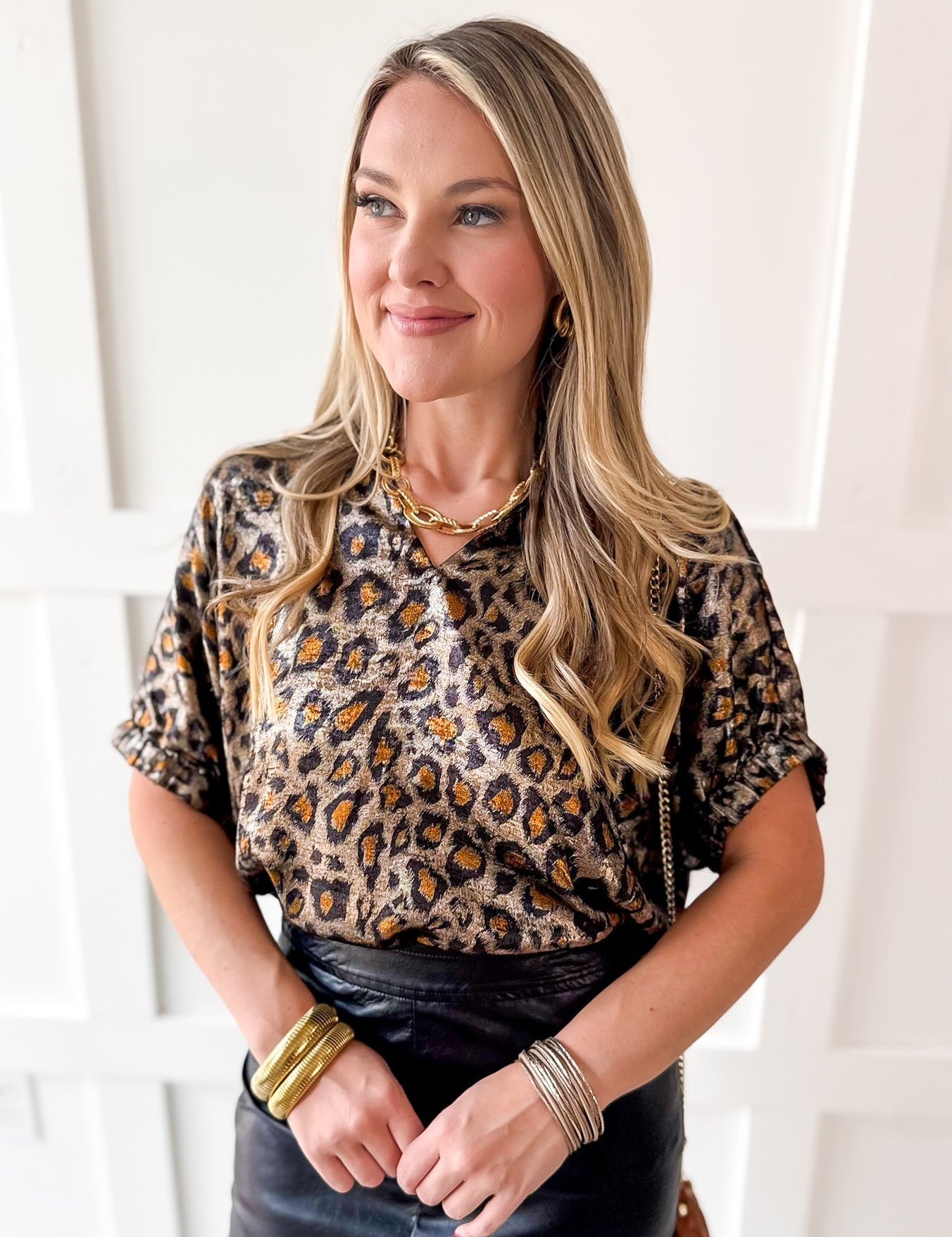 Drop Shoulder Metaillic Leopard Top- Black