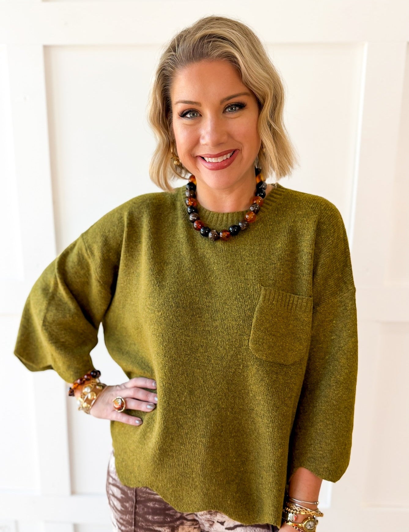 Edge Scallop Knit Sweater - Olive