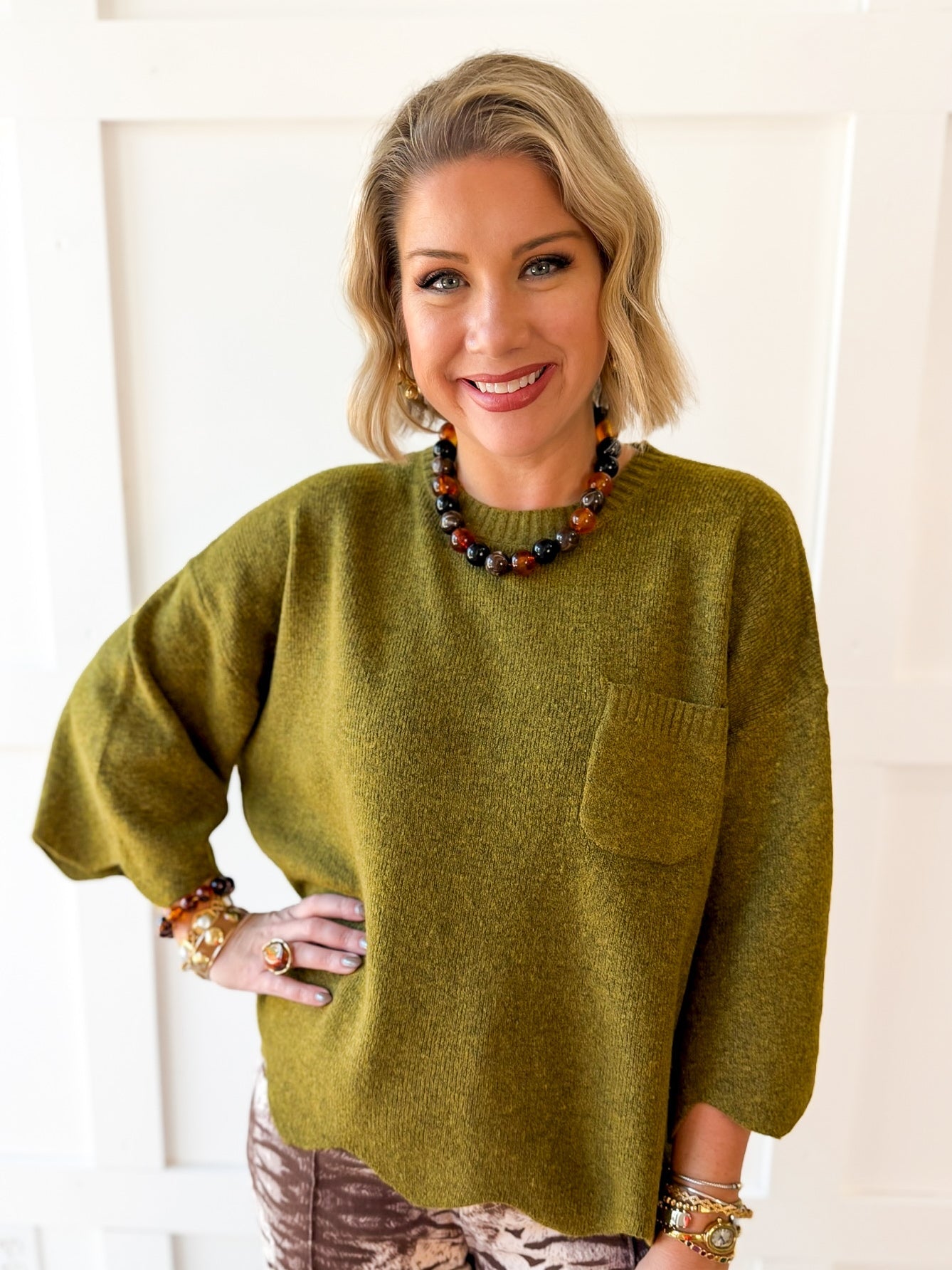Edge Scallop Knit Sweater - Olive