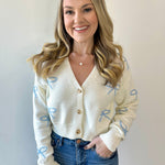 Embroidered Bow Cropped Cardigan - Blue