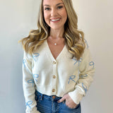 Embroidered Bow Cropped Cardigan - Blue