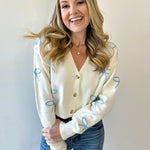 Embroidered Bow Cropped Cardigan - Blue