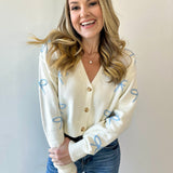 Embroidered Bow Cropped Cardigan - Blue