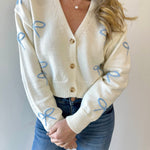 Embroidered Bow Cropped Cardigan - Blue
