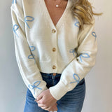 Embroidered Bow Cropped Cardigan - Blue