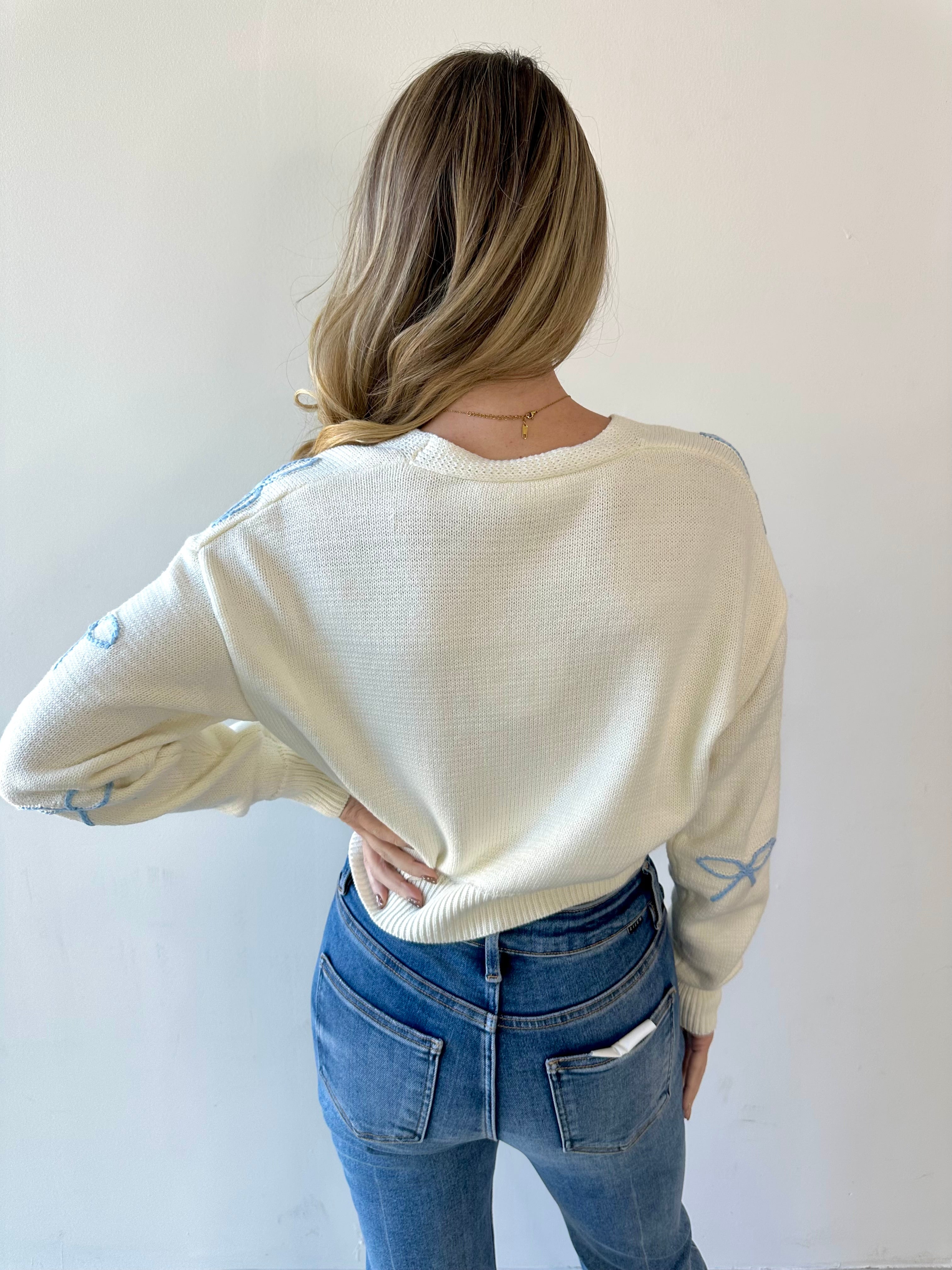 Embroidered Bow Cropped Cardigan - Blue