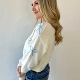 Embroidered Bow Cropped Cardigan - Blue