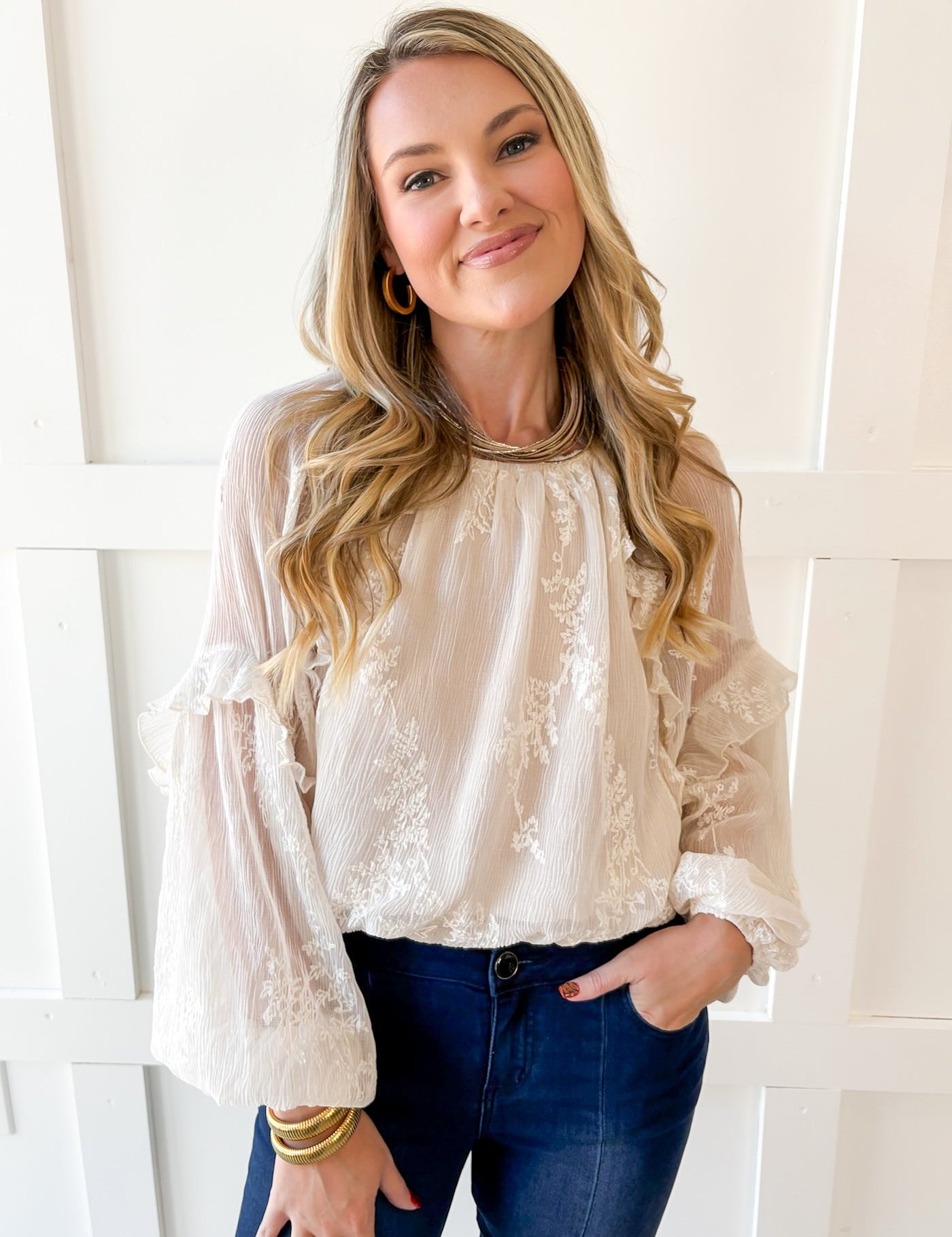 Embroidered Bubble Hem Top