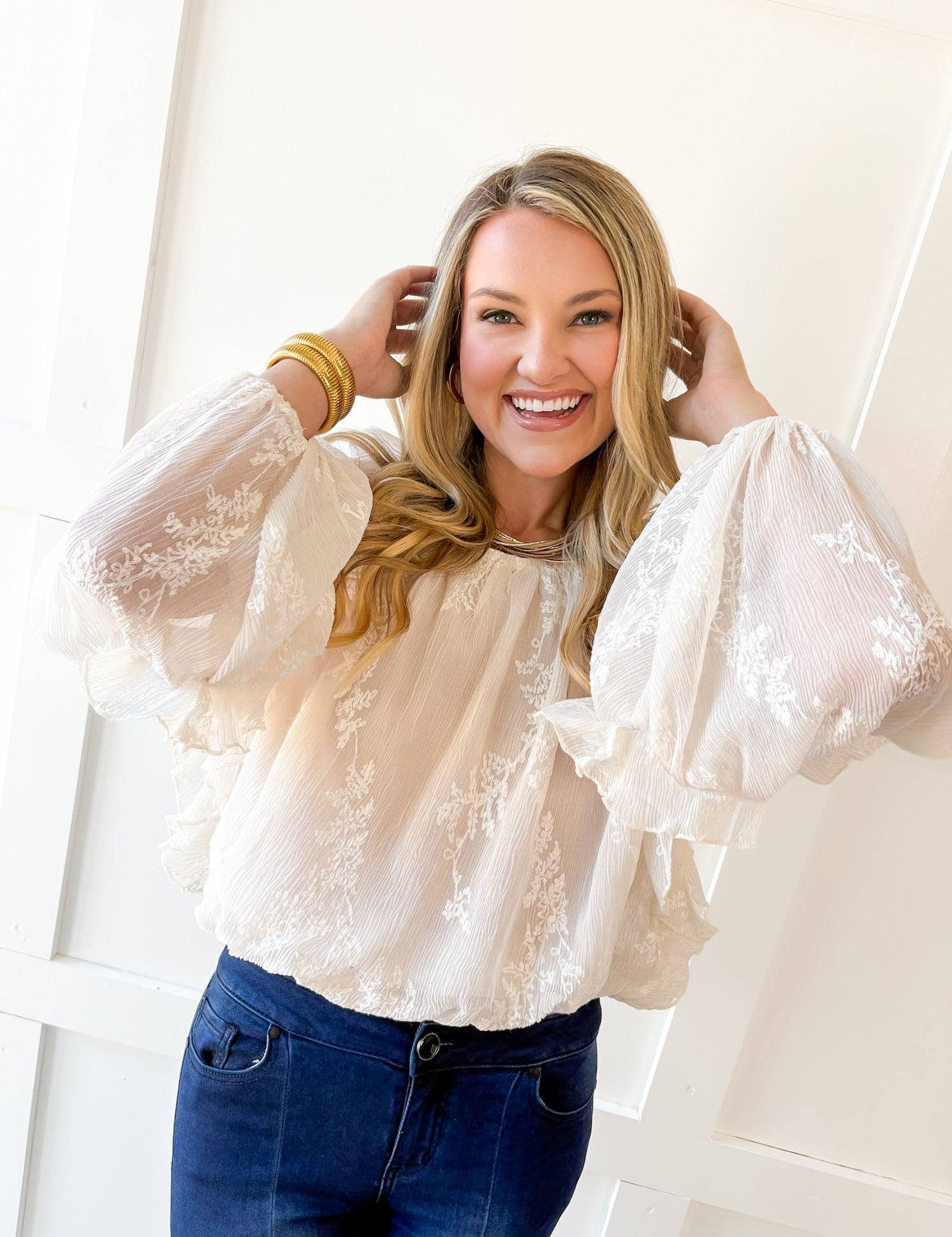 Embroidered Bubble Hem Top