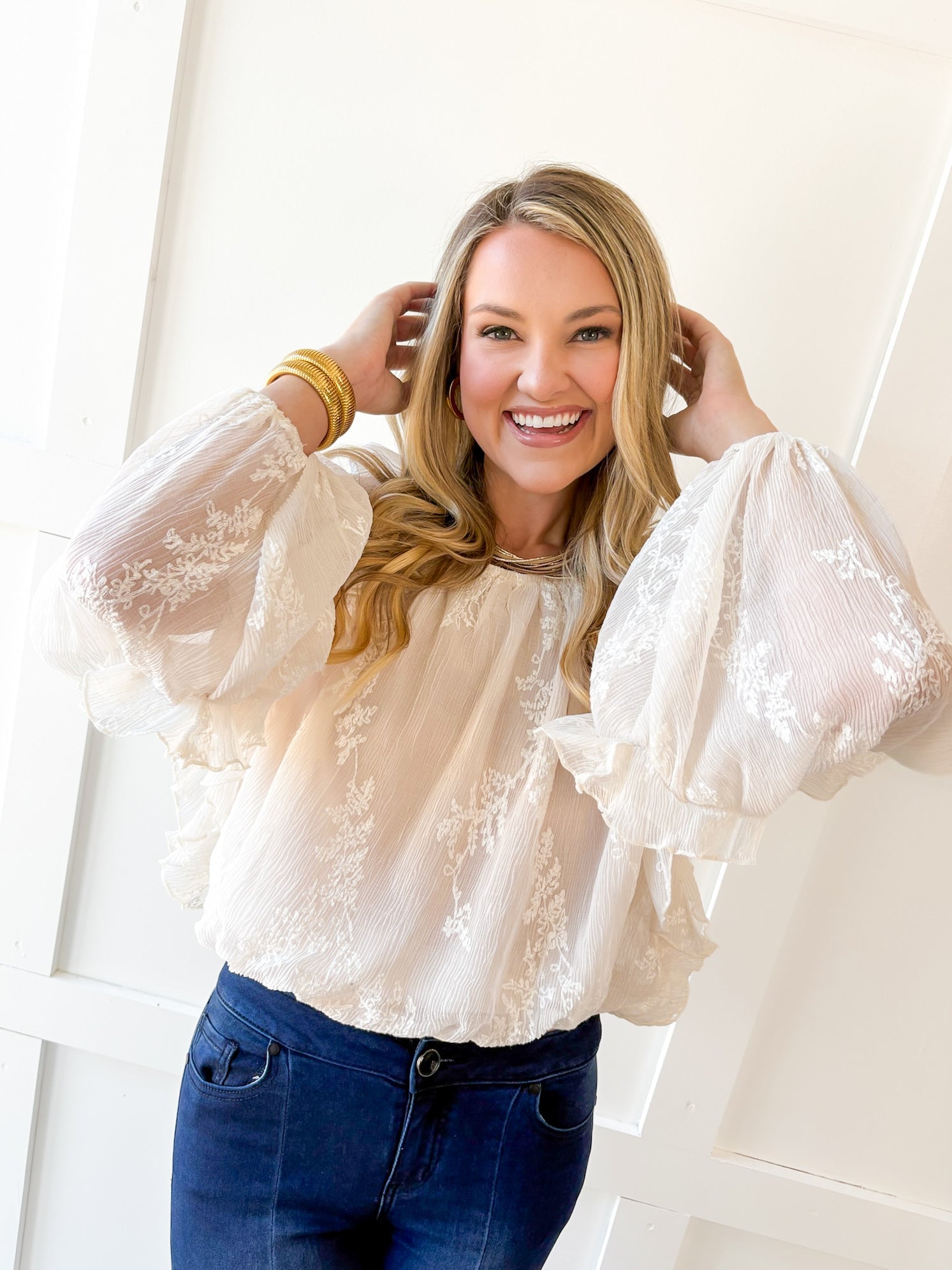 Embroidered Bubble Hem Top