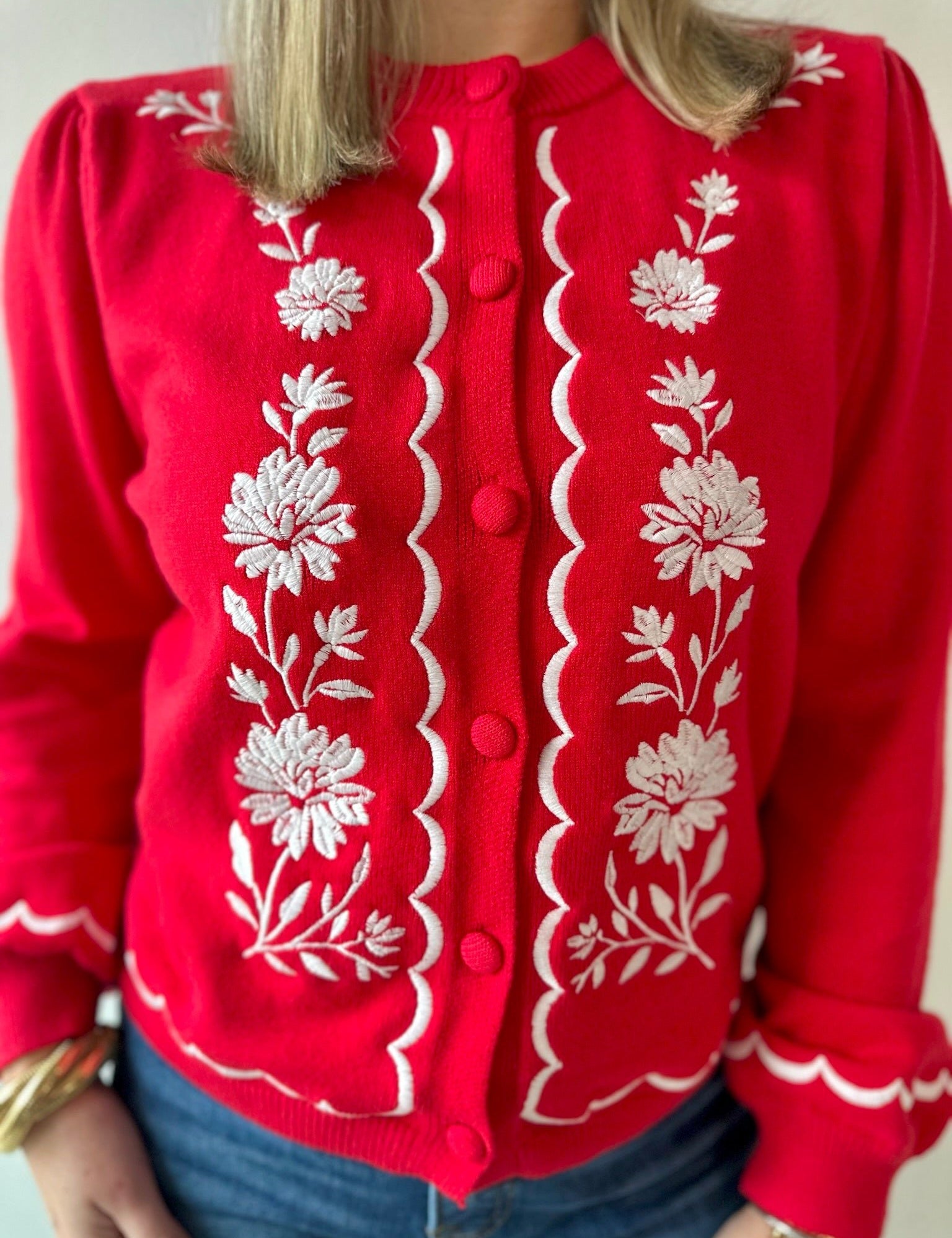Embroidered Detail Balloon Sleeve Cardi