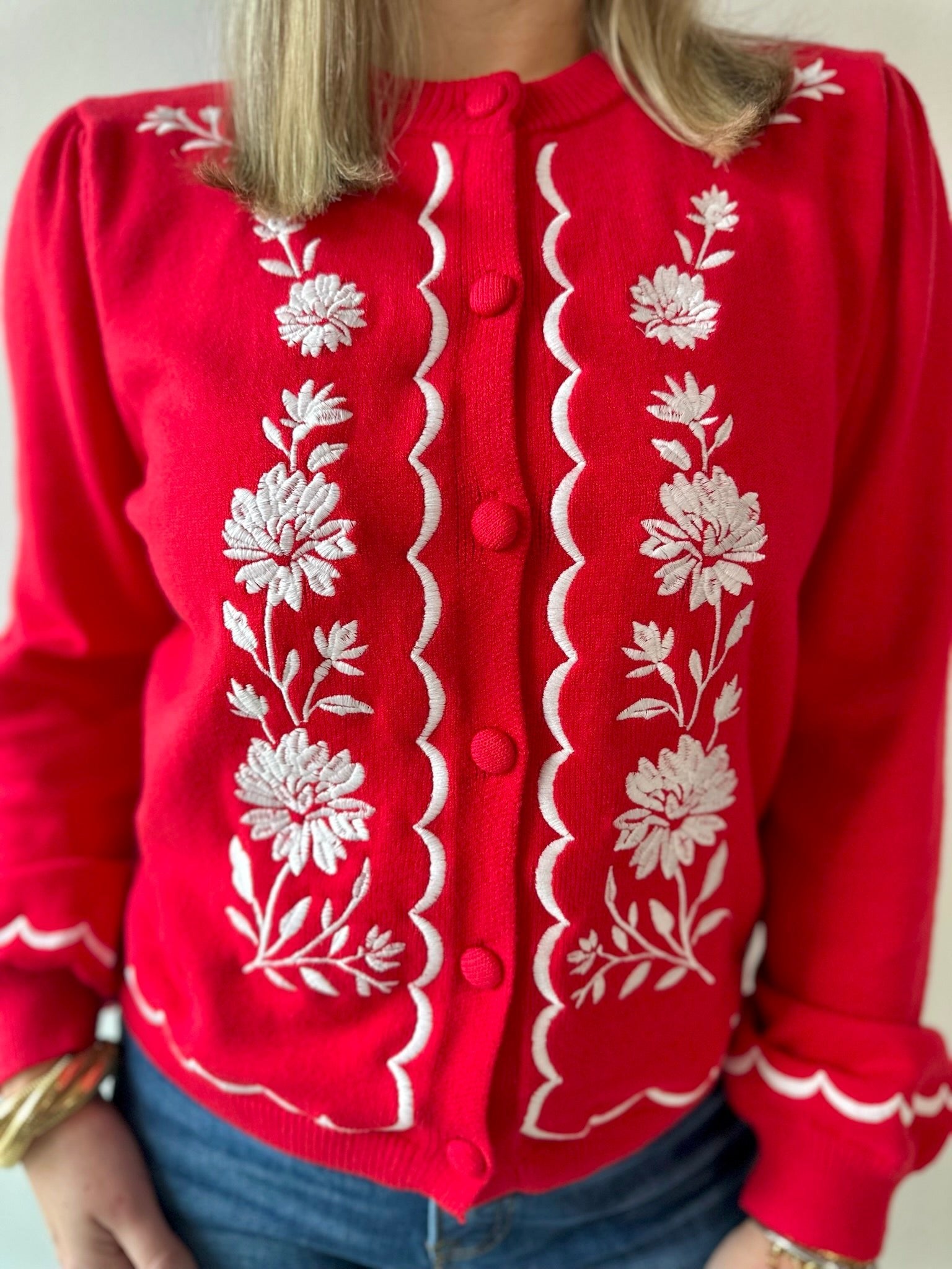 Embroidered Detail Balloon Sleeve Cardi