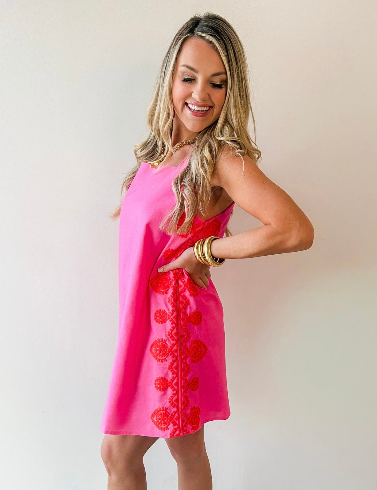 Embroidered Detail Dress - Pink & Orange