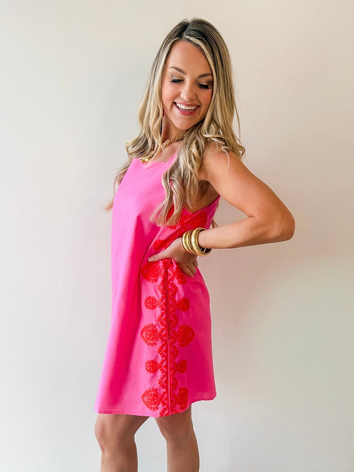 Embroidered Detail Dress - Pink & Orange
