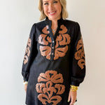 Embroidered Faux Leather Dress - Black