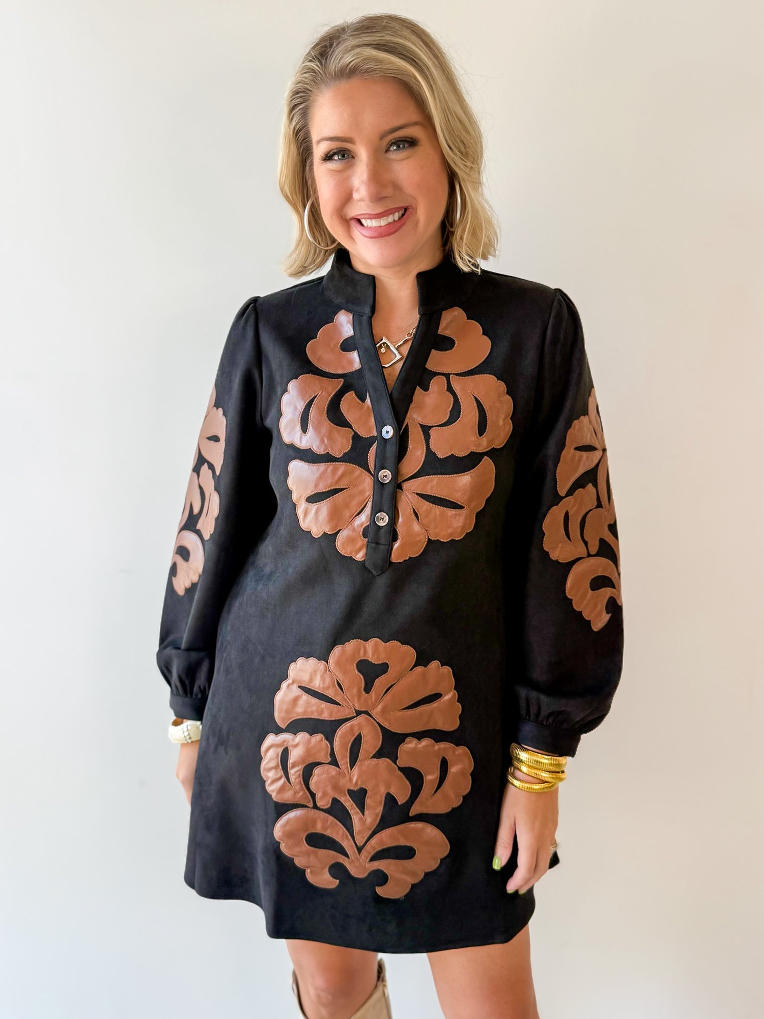 Embroidered Faux Leather Dress - Black
