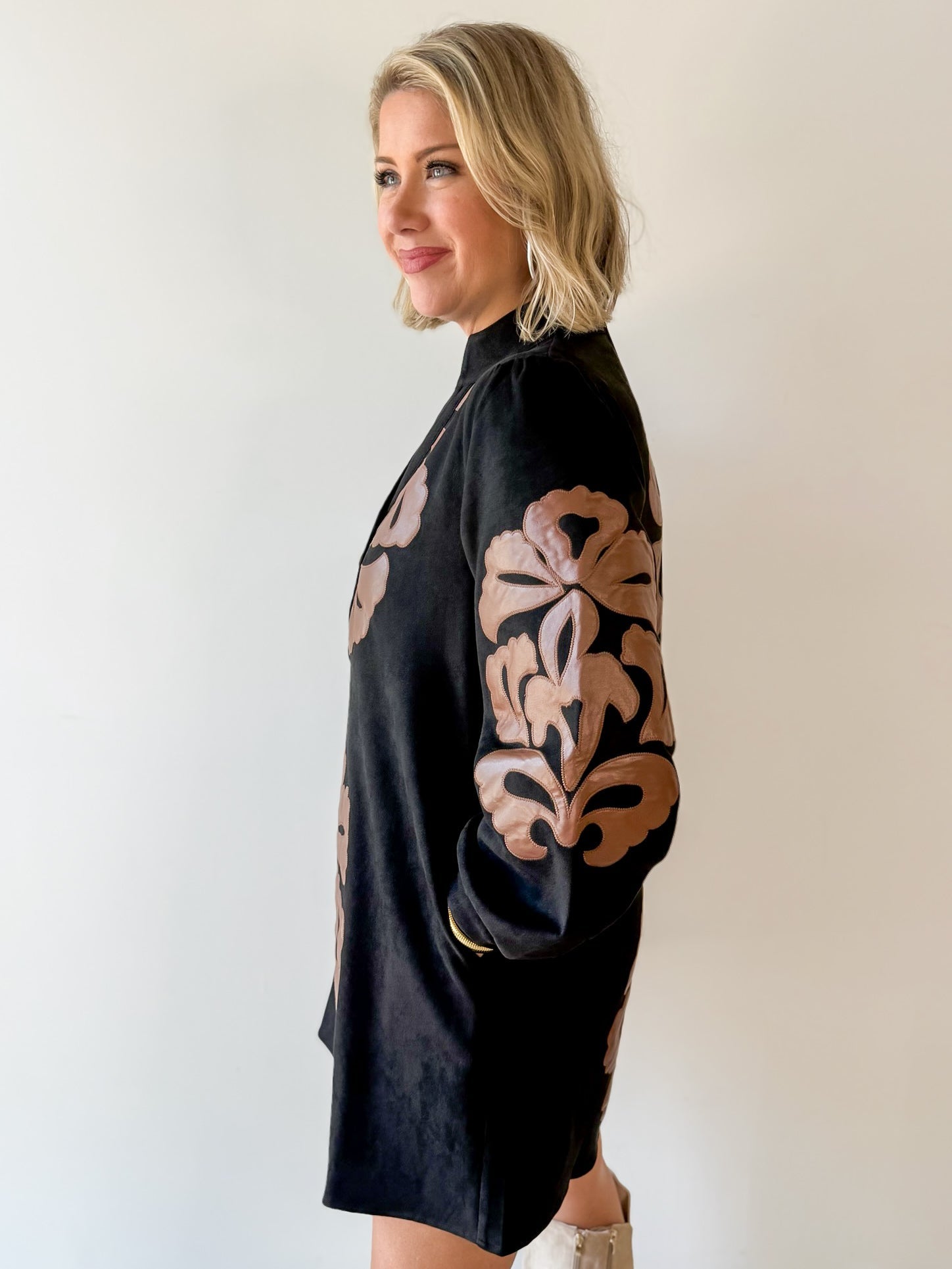 Embroidered Faux Leather Dress - Black