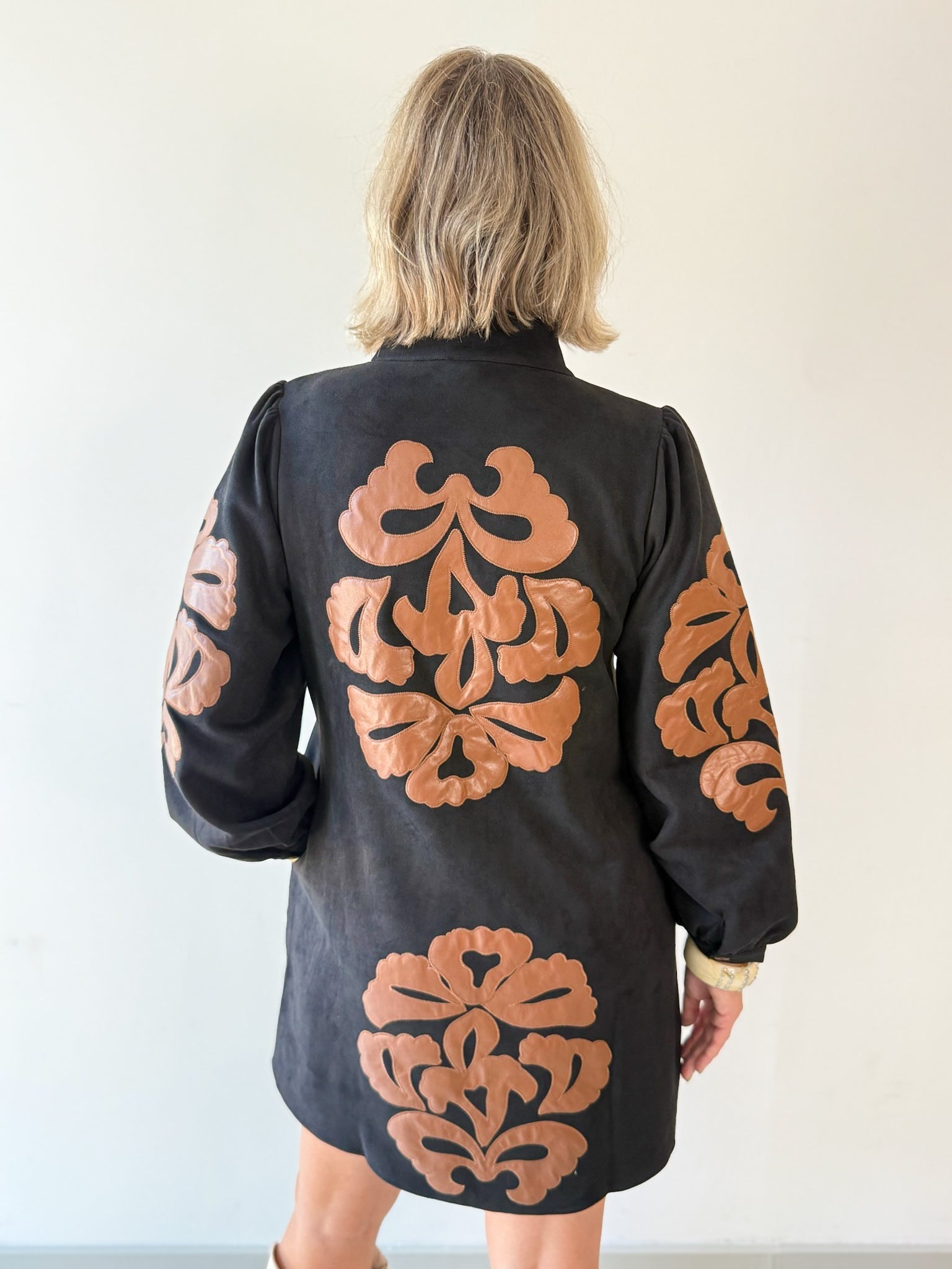 Embroidered Faux Leather Dress - Black