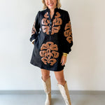 Embroidered Faux Leather Dress - Black