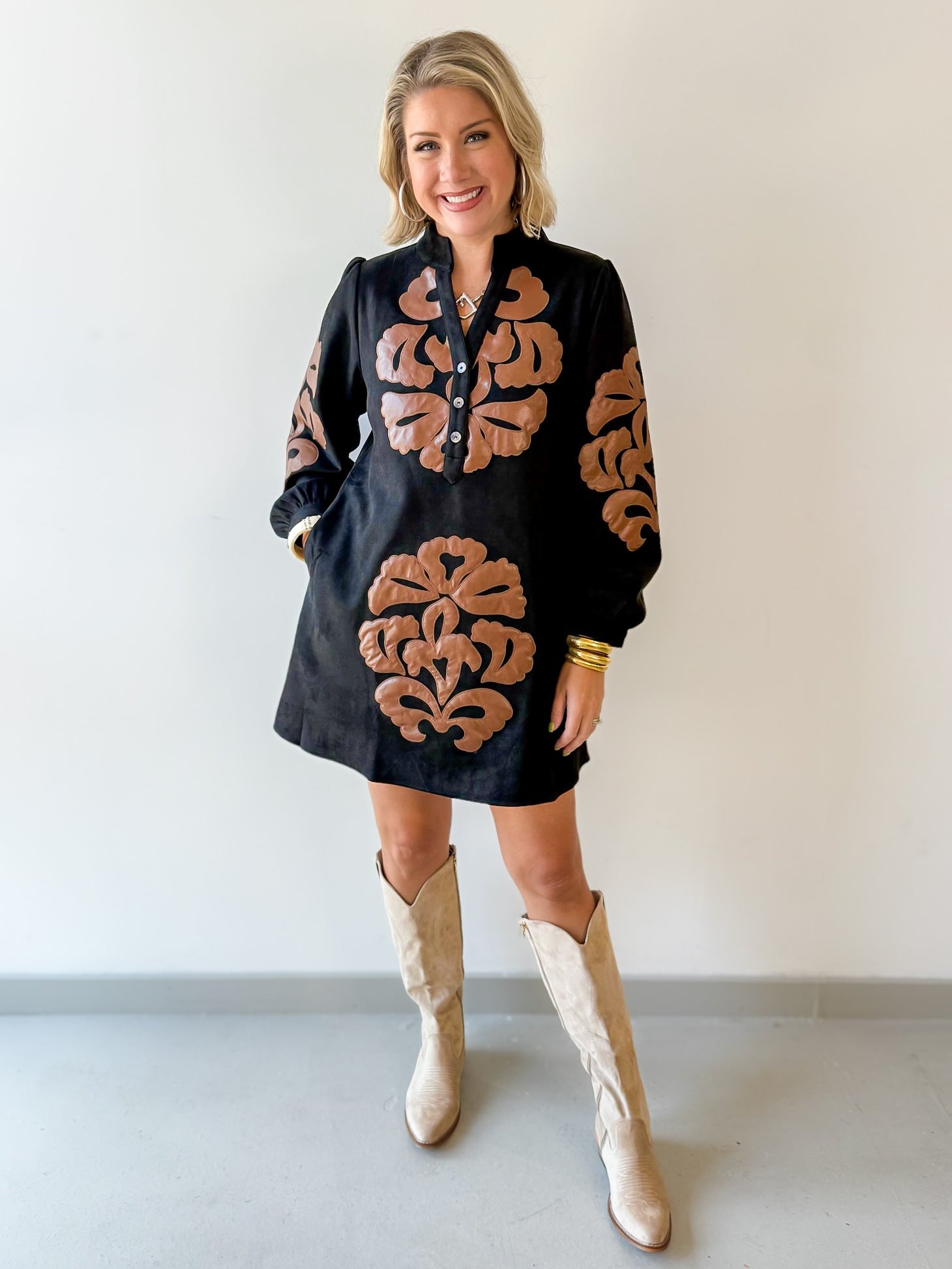 Embroidered Faux Leather Dress - Black