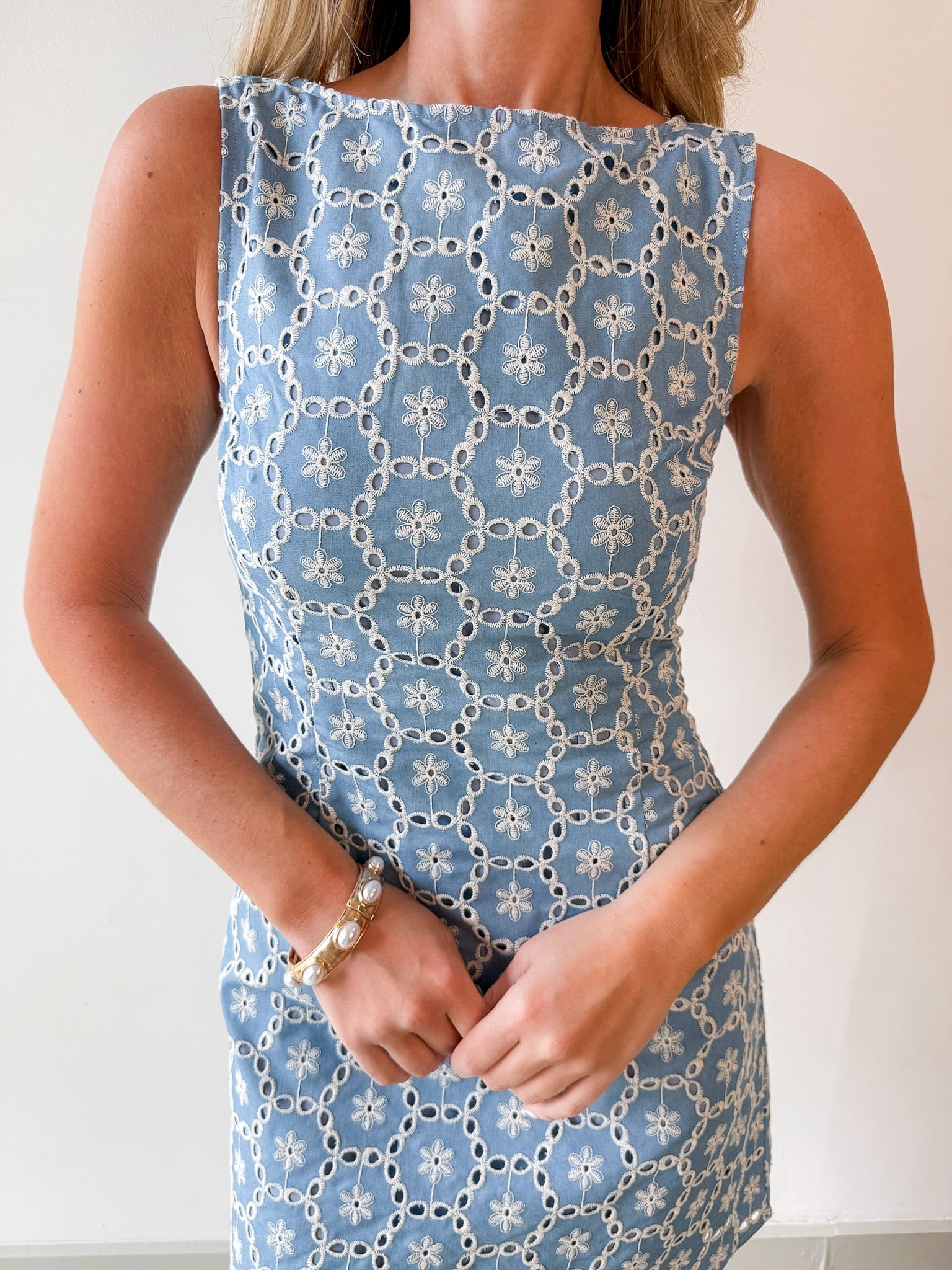 Embroidered Floral Light Denim Dress