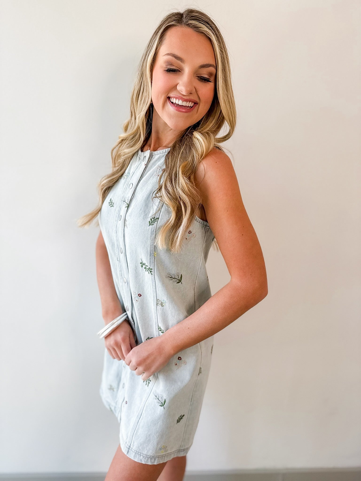 Embroidered Floral Light Denim Dress