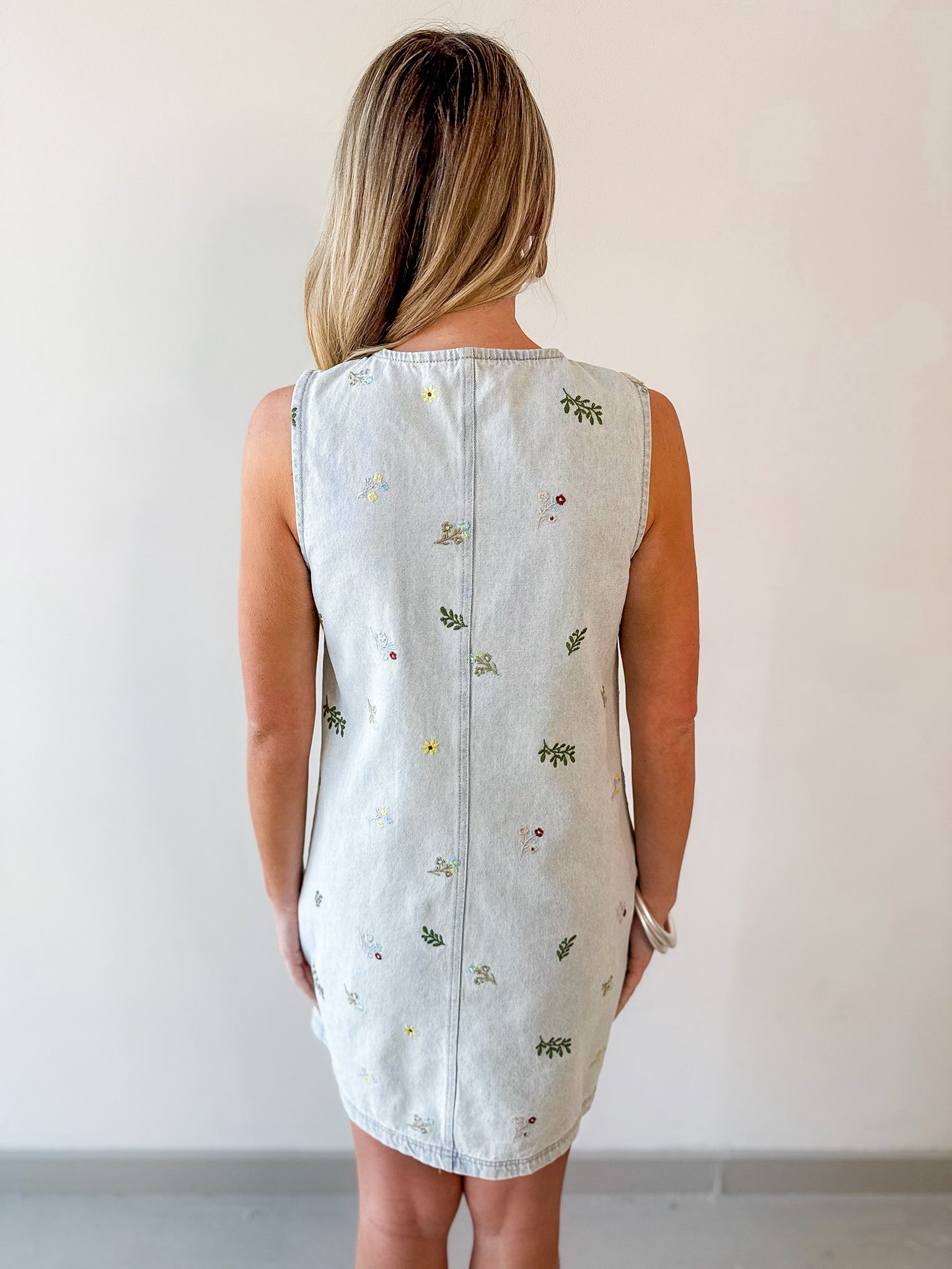 Embroidered Floral Light Denim Dress