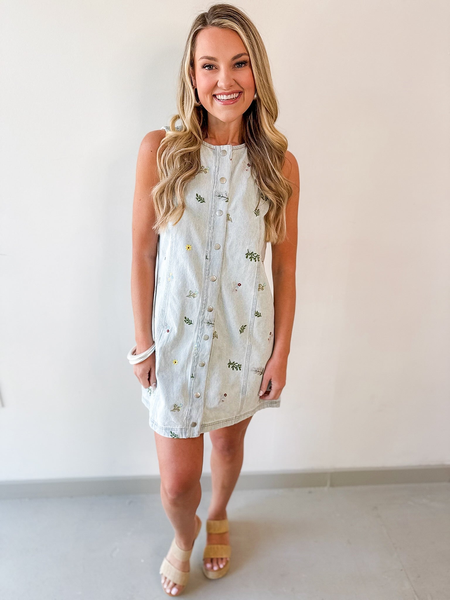 Embroidered Floral Light Denim Dress