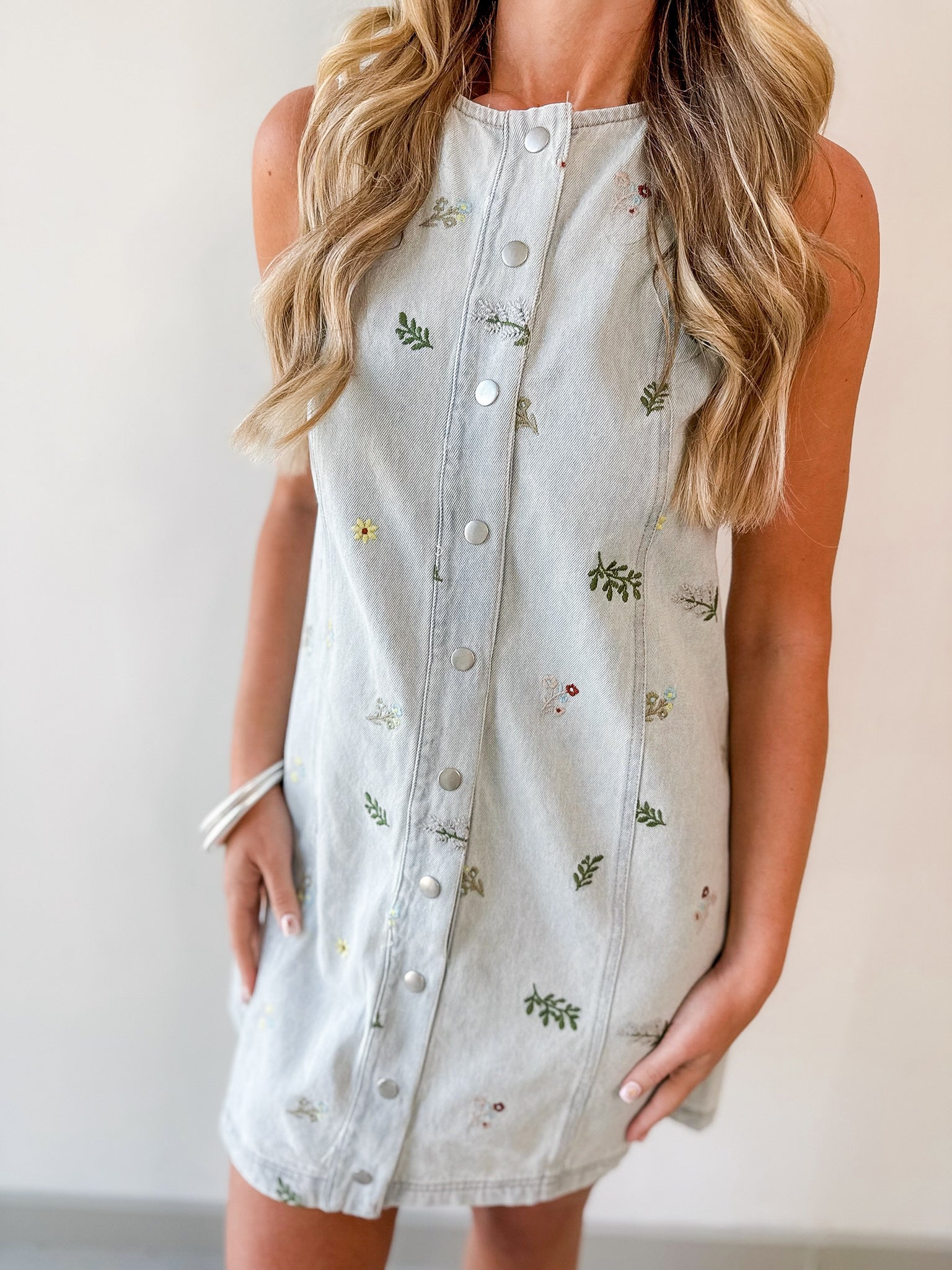 Embroidered Floral Light Denim Dress
