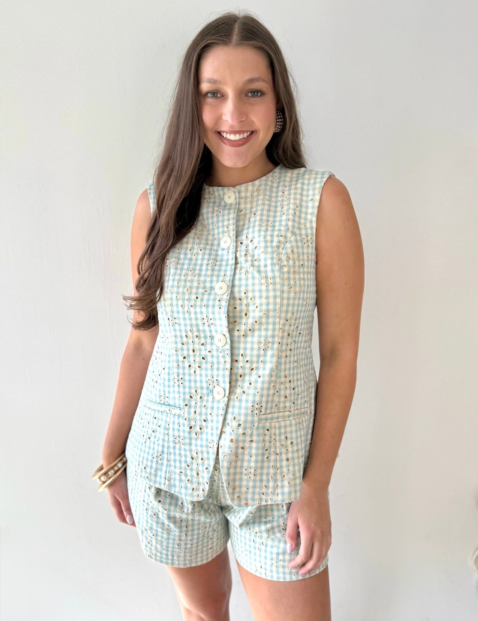 Embroidered Gingham Vest & Shorts Set