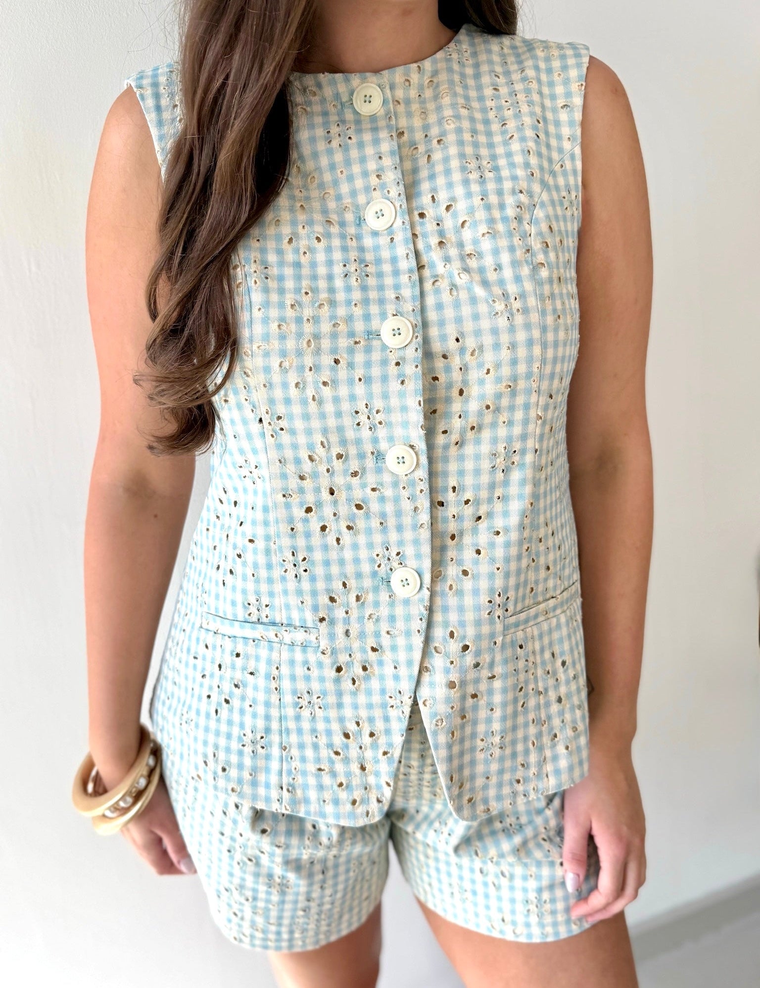 Embroidered Gingham Vest & Shorts Set