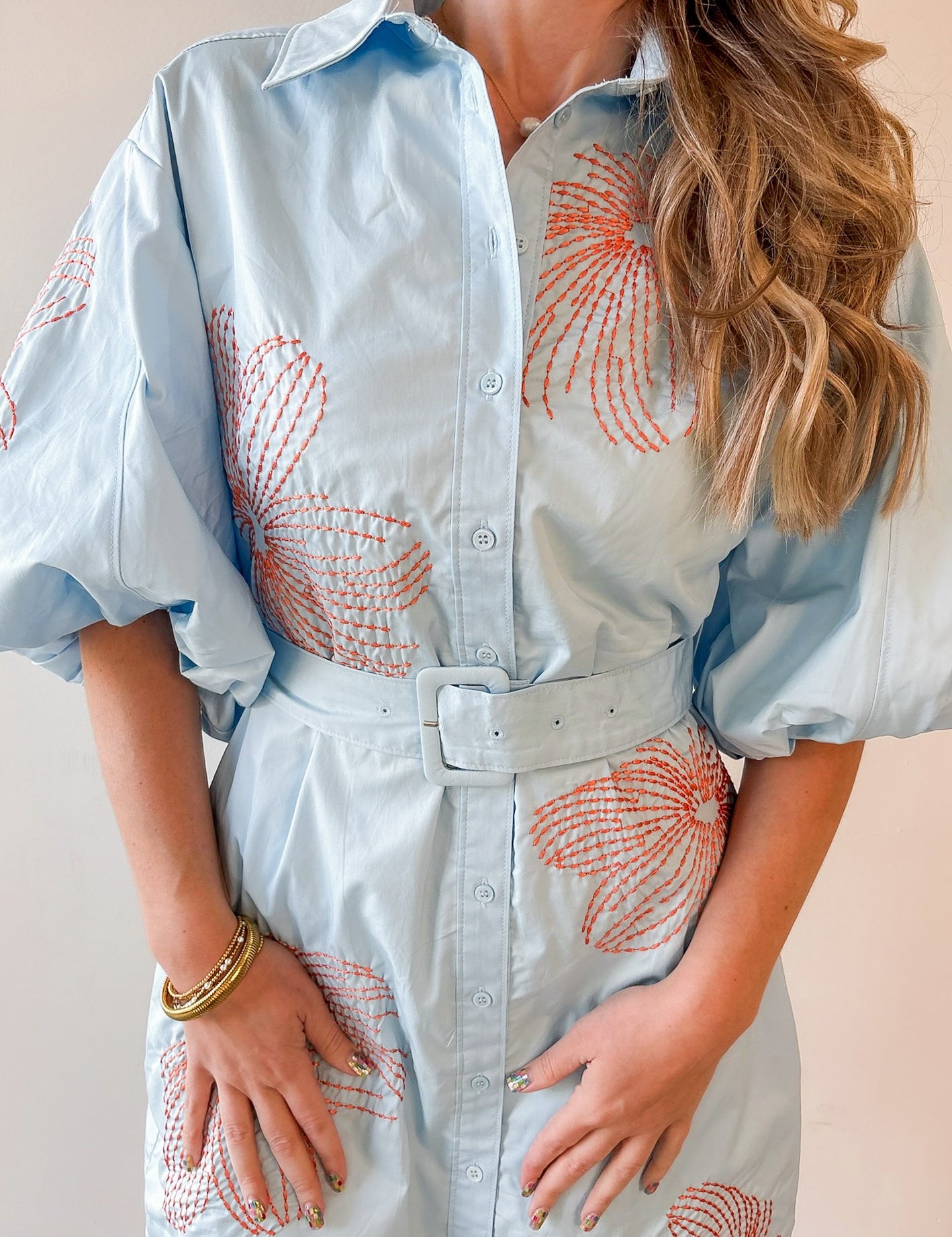Embroidered Shirt Dress - Sky Blue/Orange