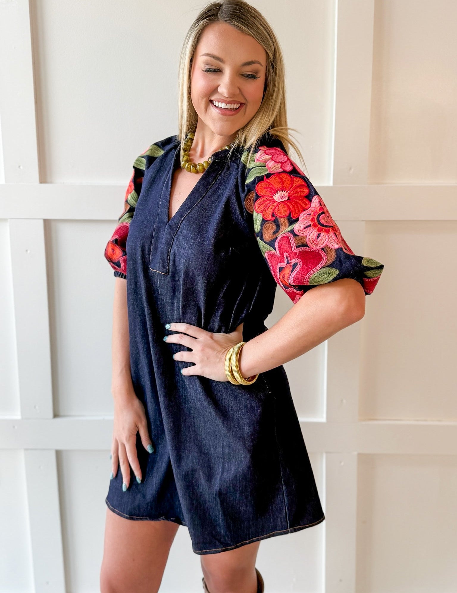Embroidered Sleeve Denim Dress