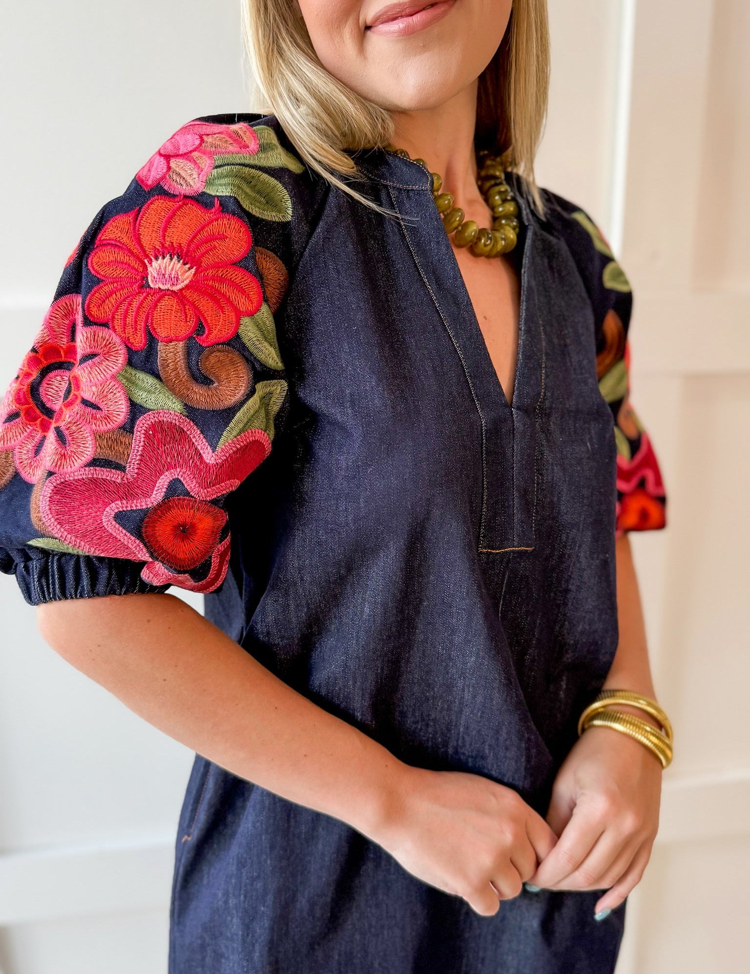 Embroidered Sleeve Denim Dress