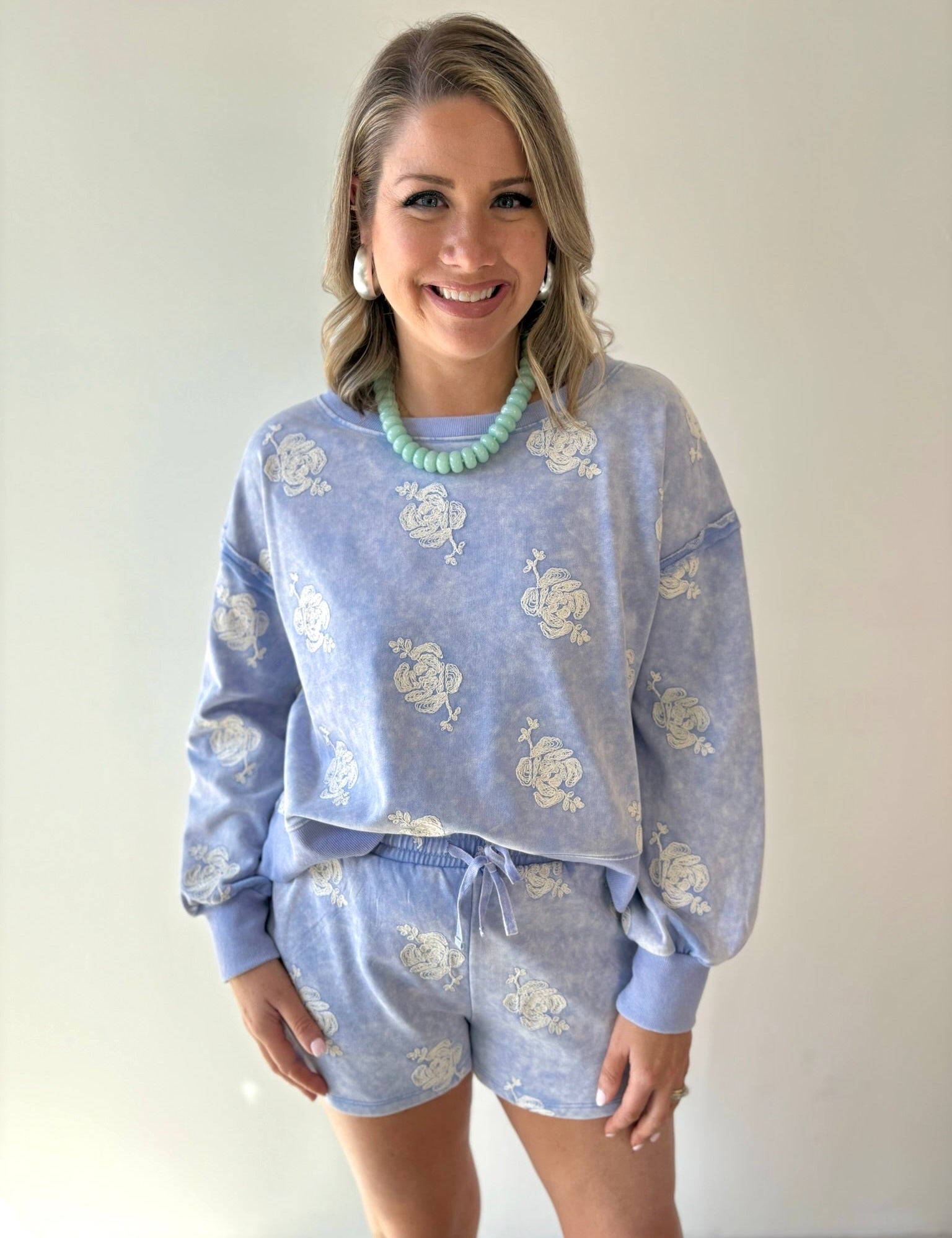 Embroidered Sweater & Short Set - Blue