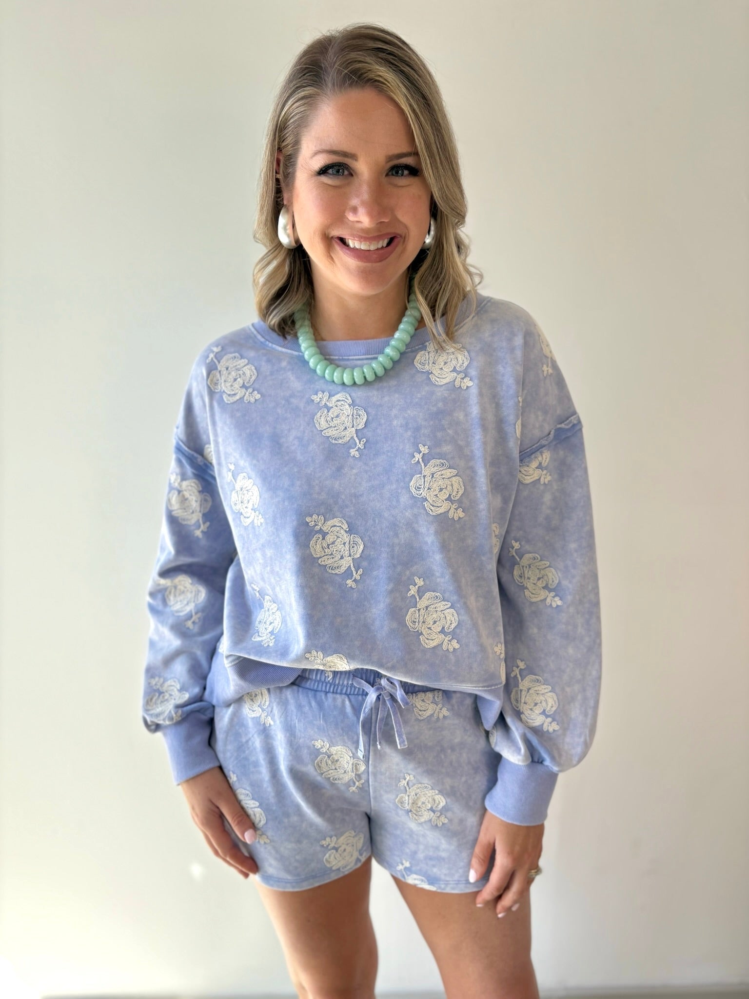 Embroidered Sweater & Short Set - Blue