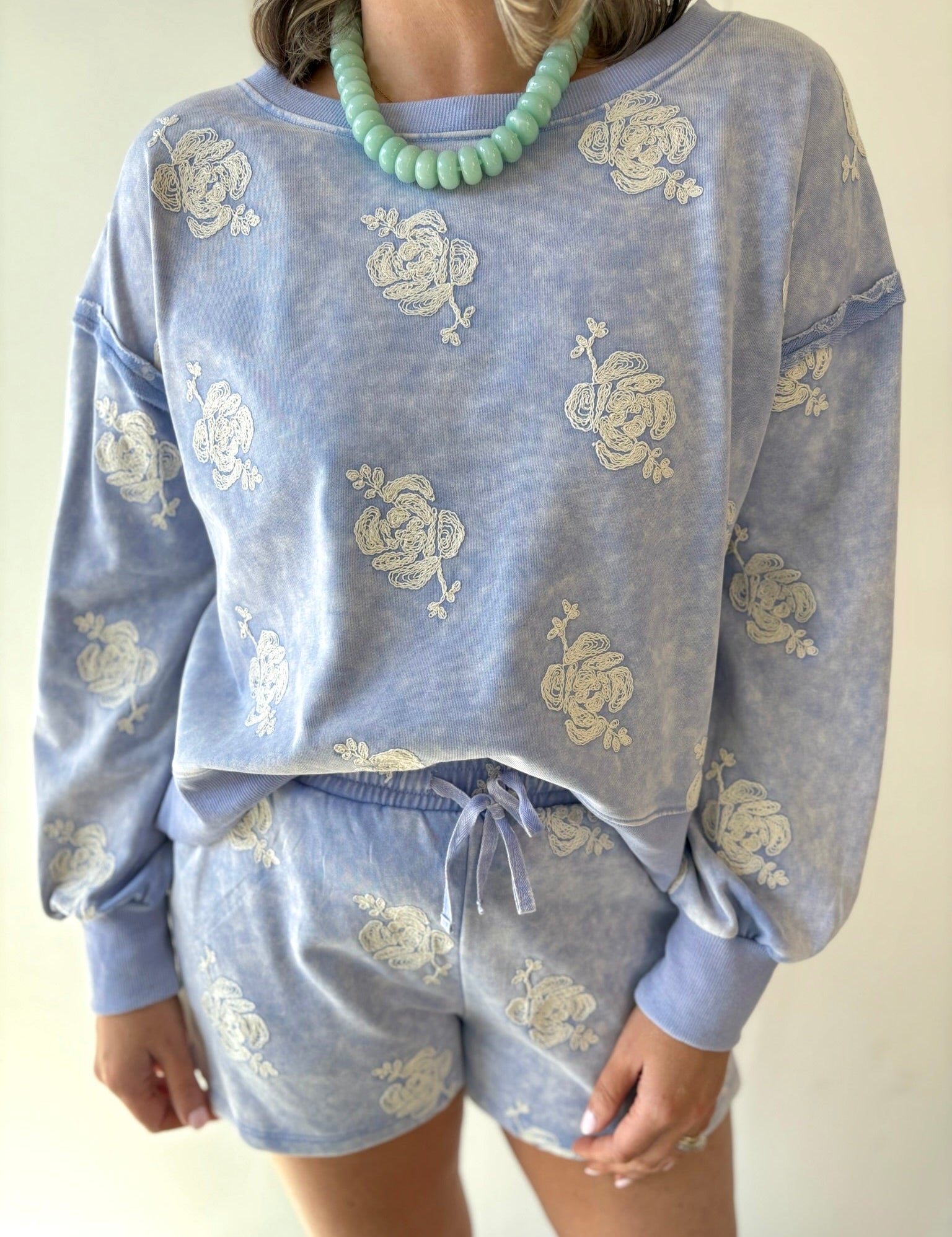 Embroidered Sweater & Short Set - Blue