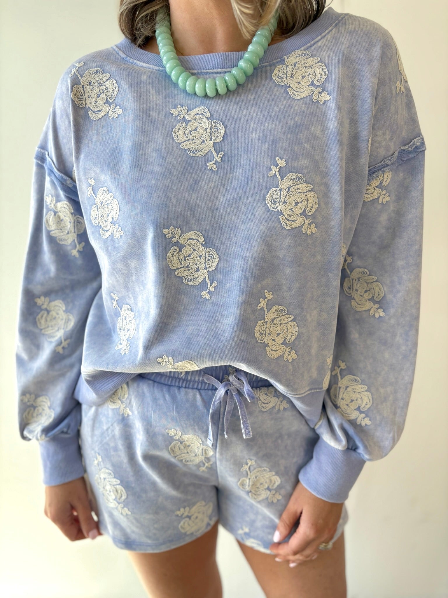 Embroidered Sweater & Short Set - Blue