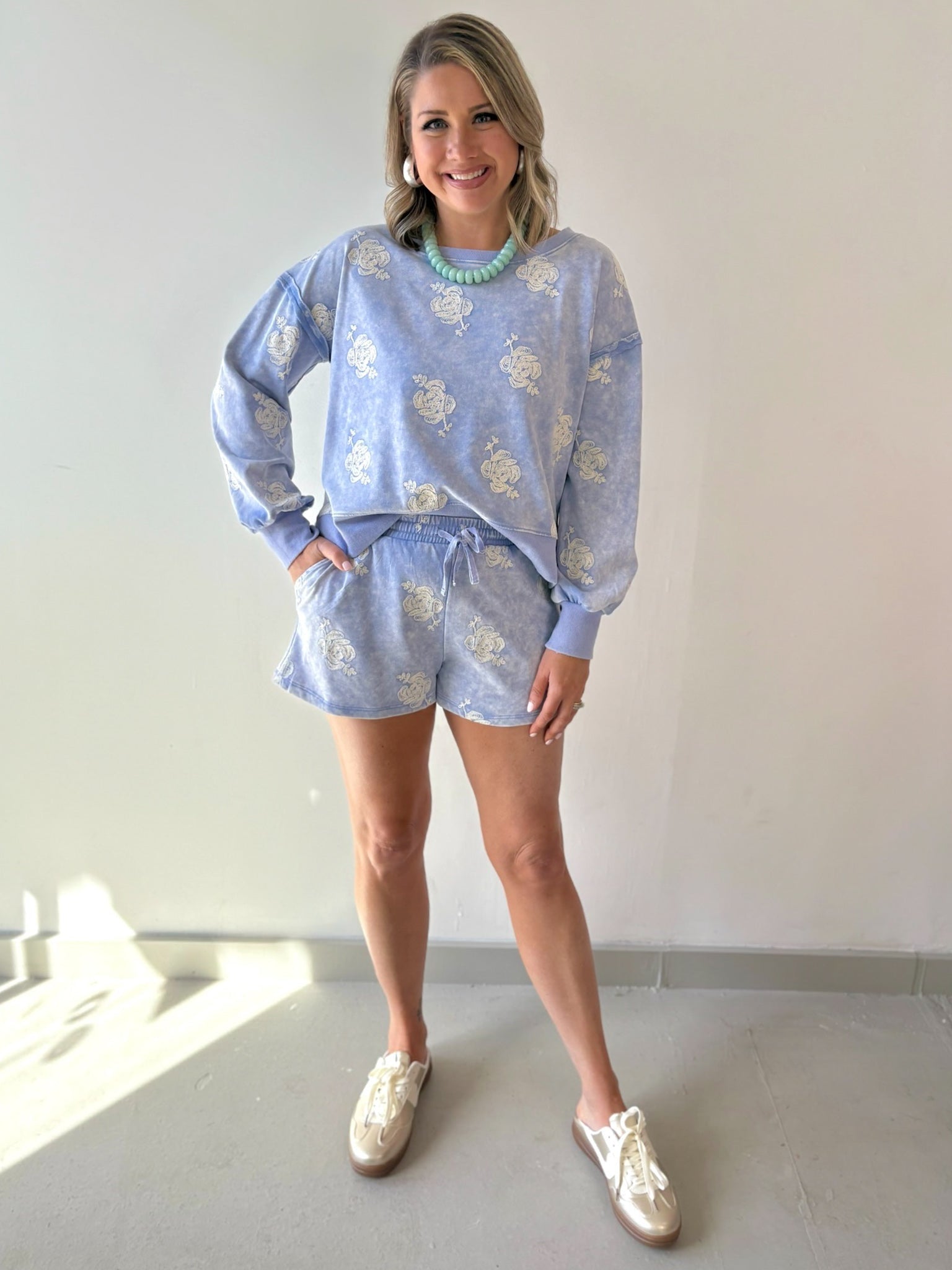 Embroidered Sweater & Short Set - Blue